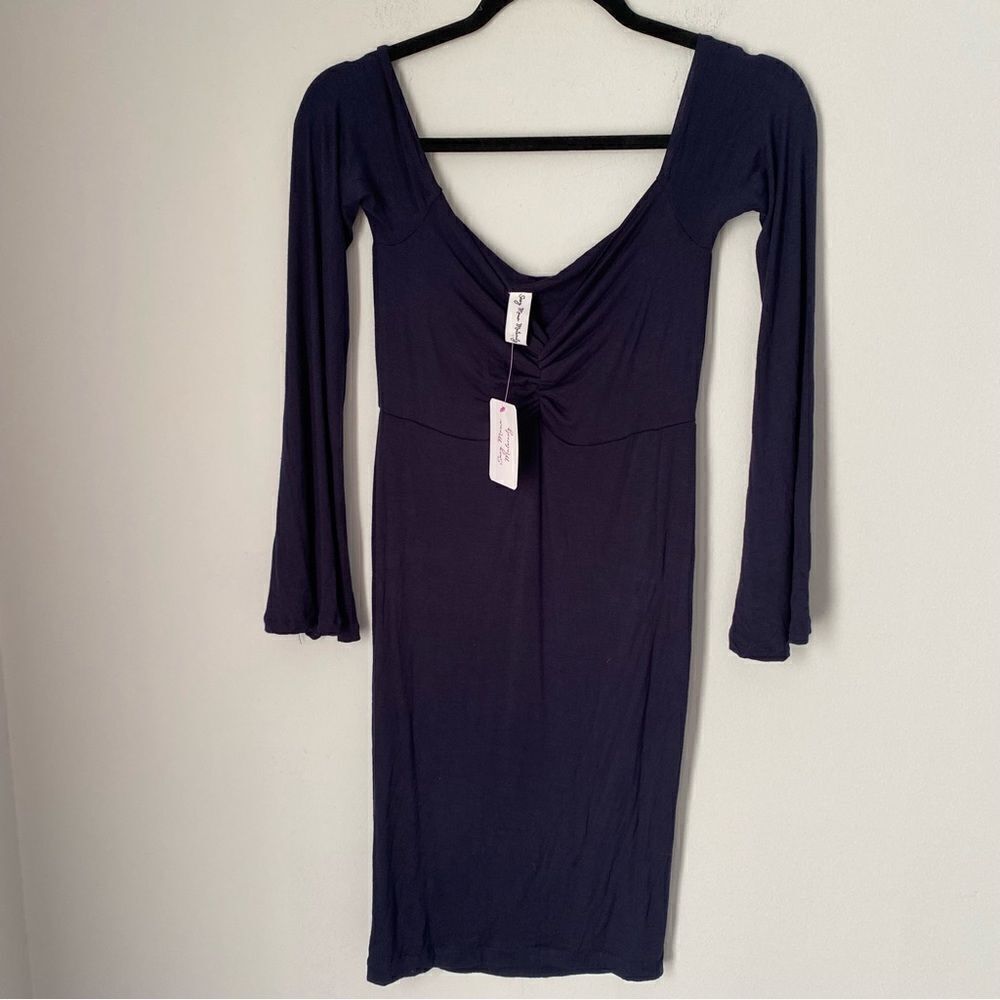 Sexy Mama Maternity Off the Shoulder Ruched Maternity Dress with Long Sleeves